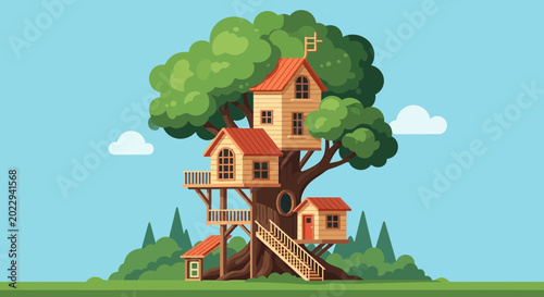 Tableau sur toile Whimsical Treehouse Village with Wooden Houses and Greenery