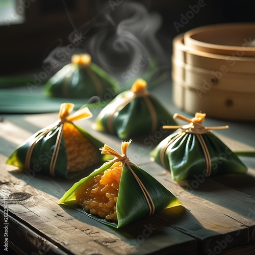 Traditional Chinese Zongzi sticky rice dumplings artfully wrapped in emerald green bamboo leaves on a rustic wooden table with a bamboo steamer and gentle rising steam.