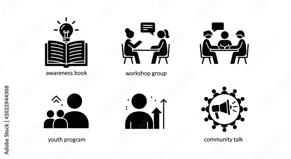 Fototapeta premium Set of 6 business and education icons: book, workshop, meeting, youth, growth, megaphone