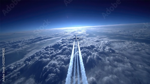 Airplane soaring above clouds creating contrails in a bright blue sky