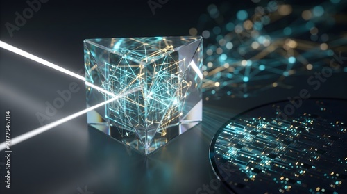 3D render of quantum computing concept with light beam refracting through crystal glass cube over silicon wafer
