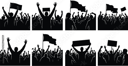 Canvas Print Black silhouette illustrations of crowds of people raising arms, holding flags,