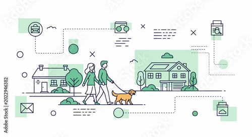 Man woman walk dog near house icon for life work web app in vector art