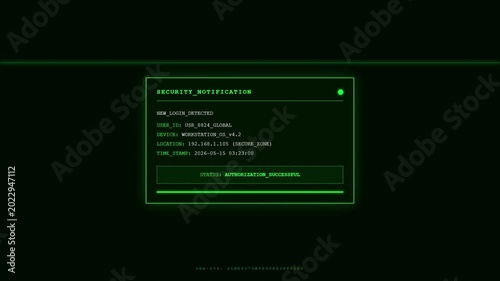 Security Notification Green Screen with New Login Detected and Authorization Successful Status Message Terminal.