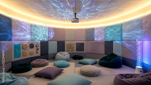 Cozy relaxation room with calming visuals and seating