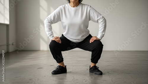 Senior east asian woman wearing a blank white sweatshirt squatting in a photo studio