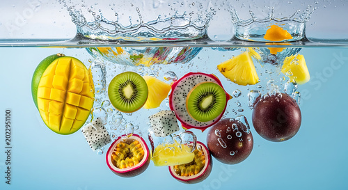 Vibrant tropical fruits like kiwi, mango, and dragon fruit splashing into refreshing clear water creating a dynamic, energetic scene