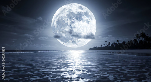 Majestic Full Moon Casting Ethereal Glow Over Serene Ocean Waters at Tranquil Night Beach
