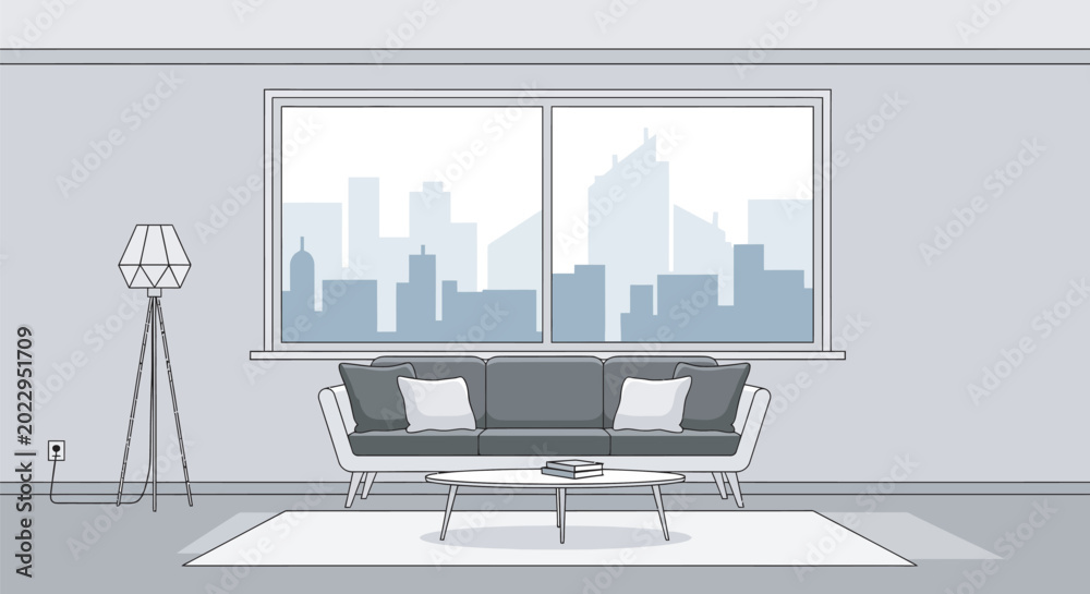 Fototapeta premium Modern living room interior, minimalist city apartment, gray and white decor, urban home