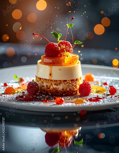 Gourmet Dessert with Raspberries and Caramel Drizzle on a White Plate.