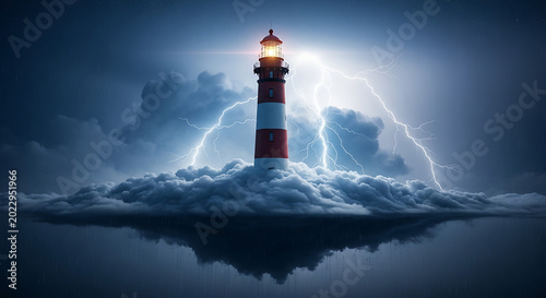 Lighthouse Standing Tall Amidst a Ferocious Storm with Striking Lightning and Rough Seas