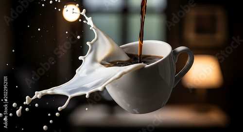 Pouring milk into hot coffee creating a splash of white liquid in a ceramic mug