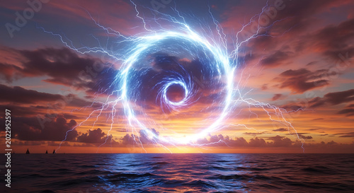 Powerful Cosmic Energy Portal Radiating Above a Tranquil Ocean at Dramatic Sunset