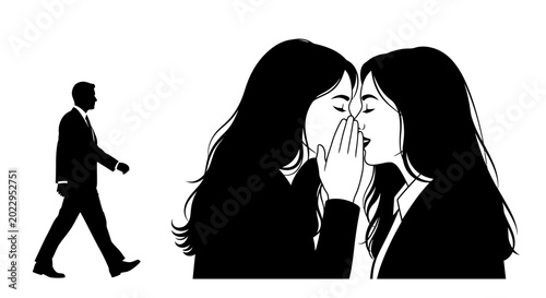 Photos Two women whispering secrets while a man walks away in black and white