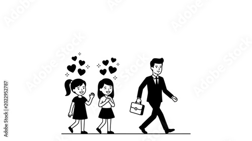 Картината върху платно Black and white illustration of two girls looking with admiration at a businessman walking by