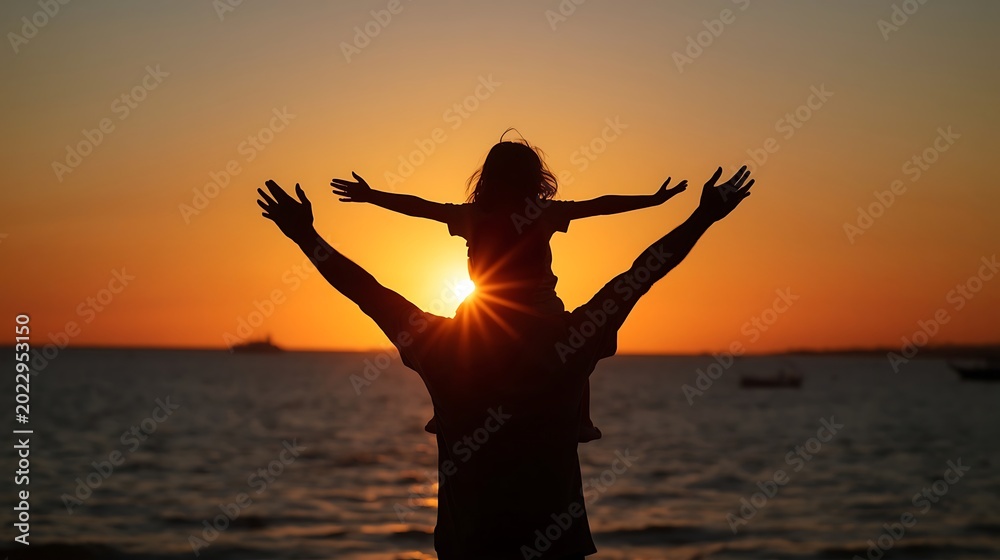 Fototapeta premium Father and Daughter Silhouette at Sunset Over the Ocean.