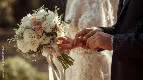 Bride and Groom Exchanging Wedding Rings During Ceremony.