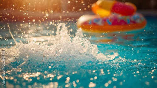 Vibrant Water Splash in Swimming Pool with Inflatable Ring.
