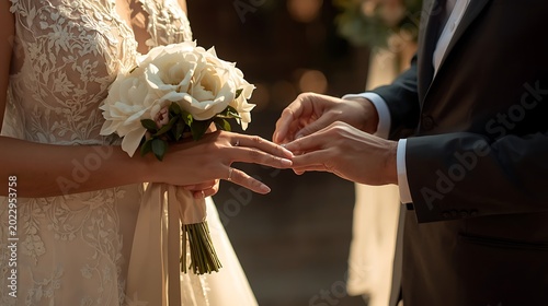 Wedding Ceremony Ring Exchange Close-up Bride Groom Hands.