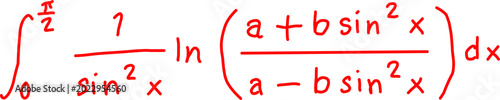 Bild auf Leinwand Handwritten mathematical integral equation with logarithmic and trigonometric functions in red on white background