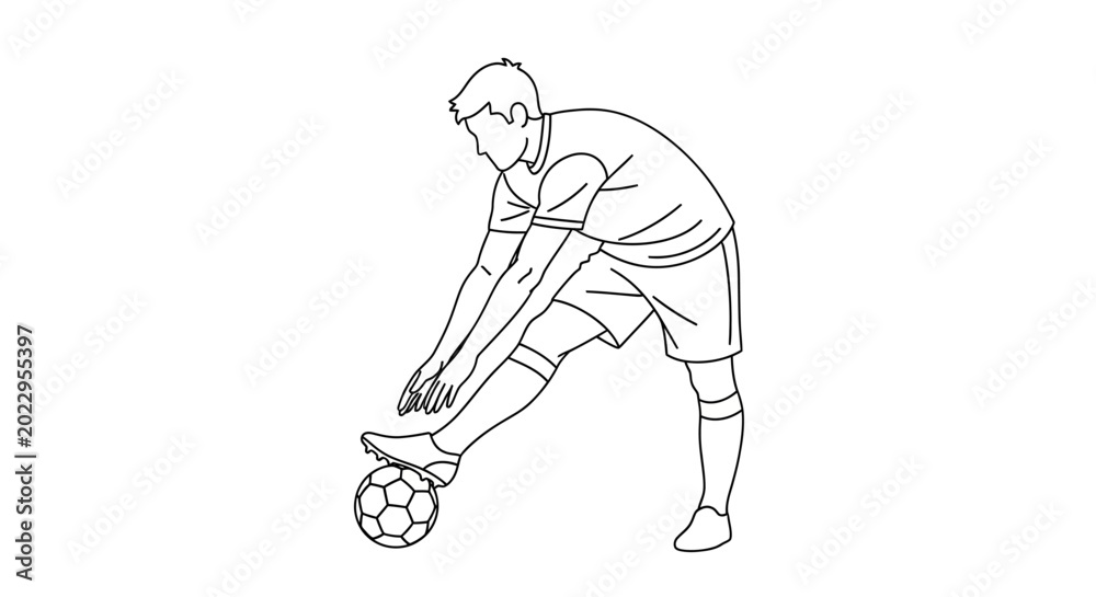 Obraz premium Soccer Player Stretching Leg With Ball - Line Art Illustration