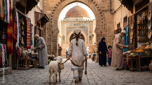 A young girl leads a sheep through an ancient Moroccan souk lined with stalls of colorful goods