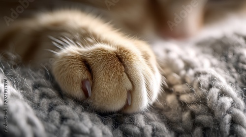 Close up of soft cream cat paw with sharp claws on fluffy gray knit blanket for cozy pet lifestyle branding and care content
