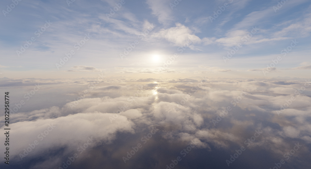 Fototapeta premium Aerial Sunrise Over Ocean Clouds With Soft Light and Serene Atmosphere — 3D Rendering