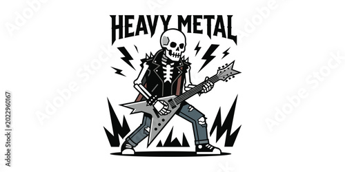 Skeleton playing guitar and text heavy metal with electric guitar hard rock t shirt rock music skeleton lightning performance musician shredding illustration merchandise attitude rebellion