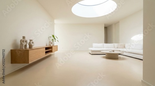 A bright, modern living room with seamless ecru epoxy resin floor, white sofa and coffee table, illuminated by a skylight.