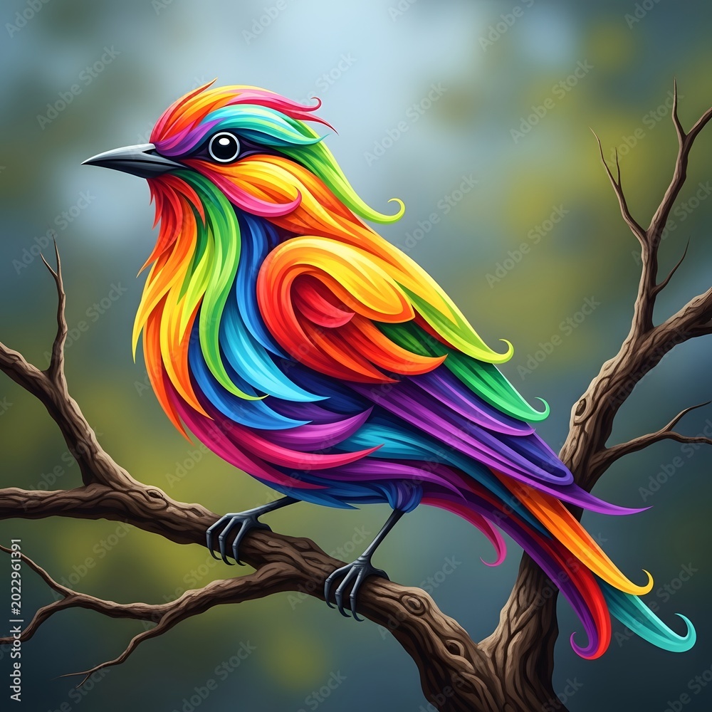 Fototapeta premium Vibrantly colored bird with iridescent feathers sits perched on a textured tree branch against a blurred background.
