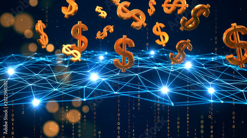Golden dollar signs falling over blue digital network, financial technology background with currency symbols, global economy and fintech concept