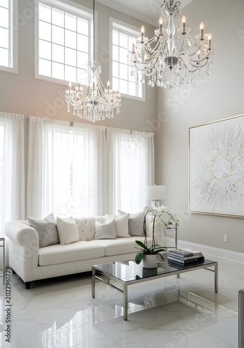 Spacious and bright living room with a large sectional sofa, white sheer curtains, and two glamorous crystal chandeliers.