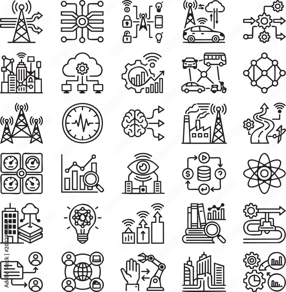 Fototapeta premium 5G & Advanced Network Slicing Line Icons Set – 30 Minimal Black Outline Vector Icons for Telecom Infrastructure, IoT Connectivity & Next-Generation Network Systems