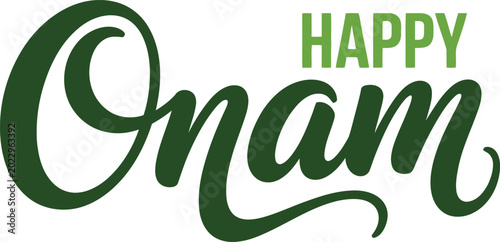 Happy Onam festival celebration green text on transparent background