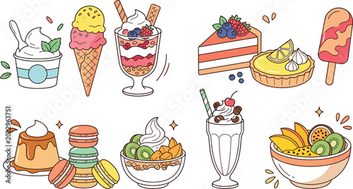Summer Dessert Vector Set With Ice Cream, Parfait, Cake, Tart, Popsicle, Pudding, and Colorful Sweet Treats