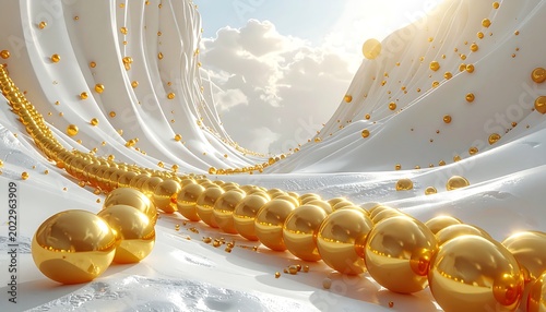 A surreal landscape with a flowing white, creamy substance. Dotted with golden spheres that trail and cascade into the horizon with a bright sky
