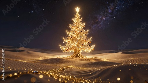 Magical Golden Christmas Tree in Surreal Desert Night Landscape