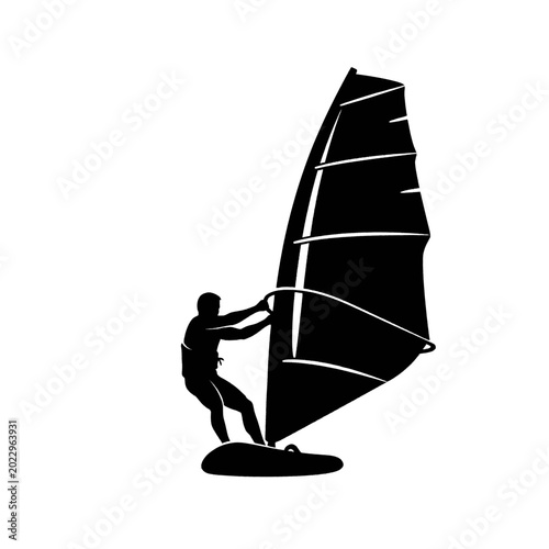 Bild auf Leinwand Silhouette of a windsurfer on a board with a sail, isolated on a white background