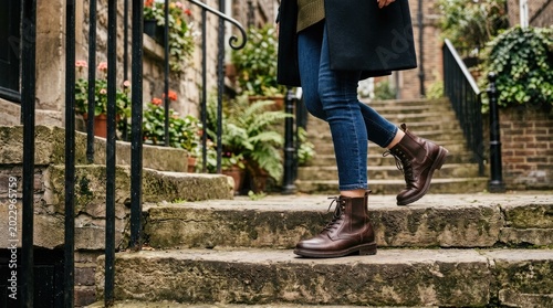 A woman walks down a stone staircase in a city setting. She is wearing a dark coat, blue jeans, and brown leather boots.