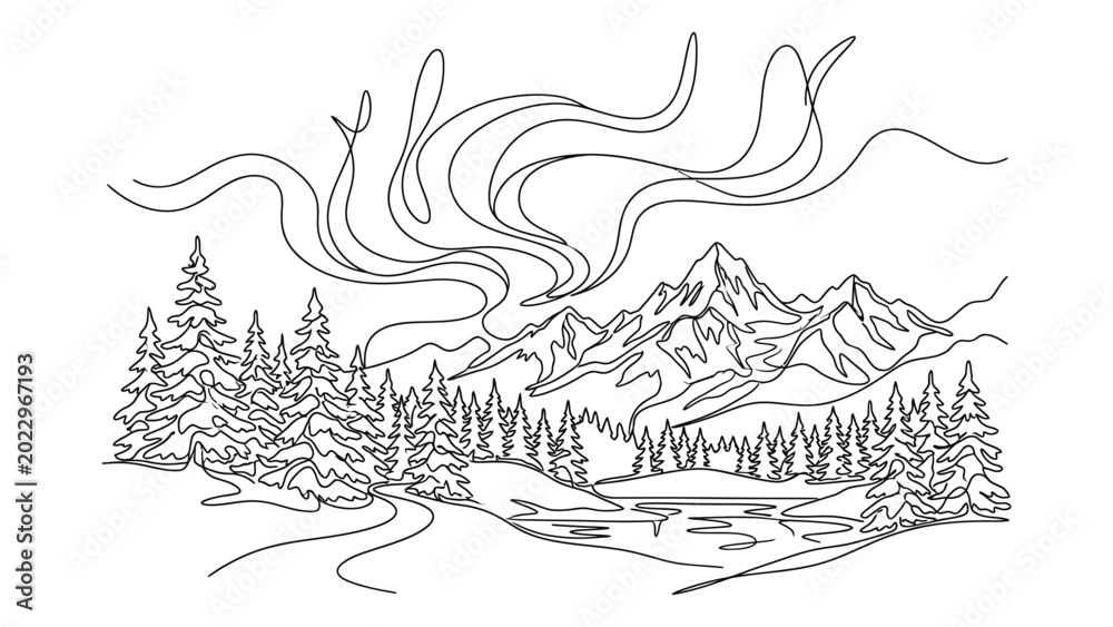 Naklejka premium Black and white mountain landscape drawing with trees and river.