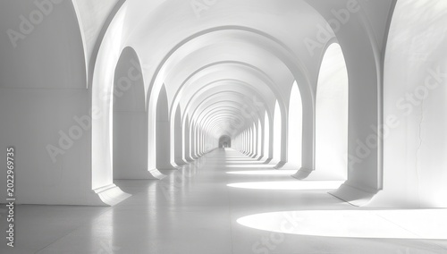 Endless, modern white arched hallway with bright light and shadows, creating a minimalist tunnel