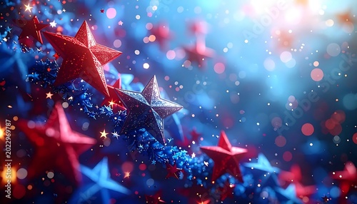 Festive Red and Blue Stars with Bokeh Effect, Holiday Background. America Independence day background. 4th of July, Independence day