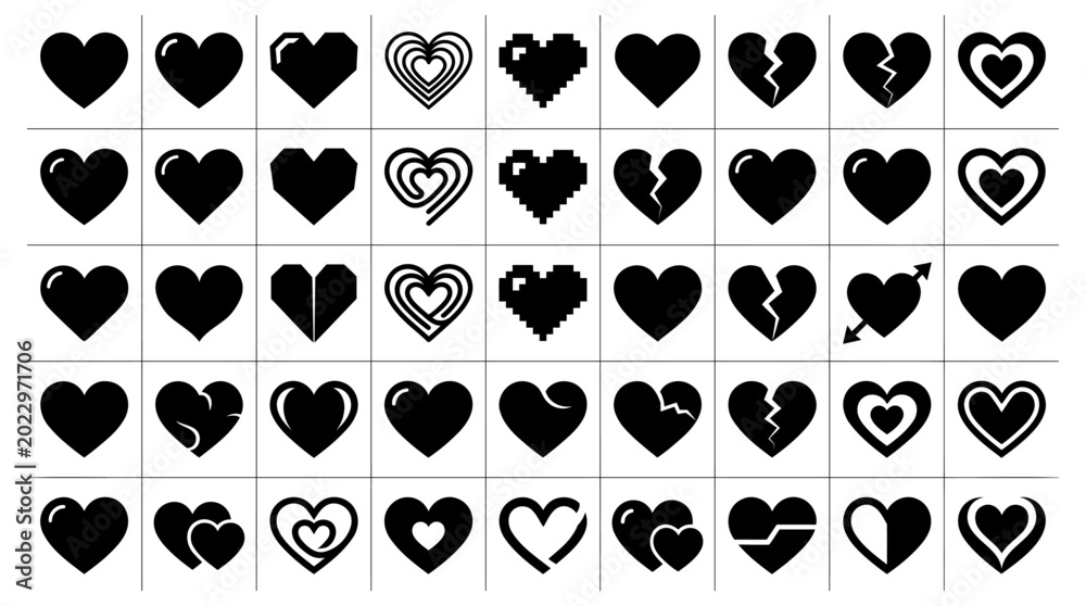 Fototapeta premium Collection of diverse heart icons featuring various styles like pixelated broken and geometric shapes for romantic design projects and graphics