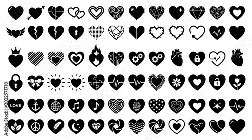 Collection of diverse heart icons featuring various creative styles and symbolic elements for romantic projects and modern graphic design layouts
