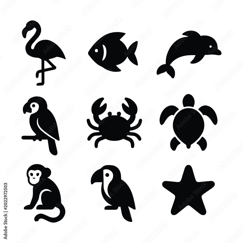 Fototapeta premium Tropical Animal Silhouette Icon Pack