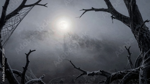 Eerie Full Moon Night with Foggy Forest and Spider Webs