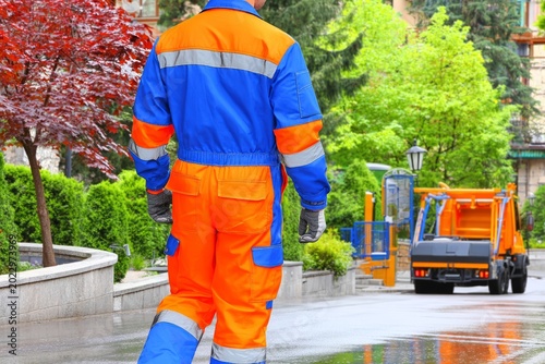 Brightly Dressed Worker Walking on Wet Street Surrounded by Trees