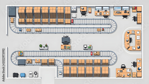 Schilderij op canvas modern office warehouse with beige boxes conveyor belts and workstations in open