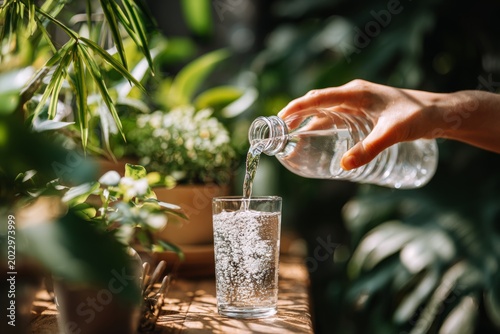 Hand Pouring Refreshing Water Into Glass Surrounded by Greenery